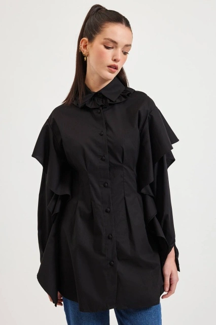 Volan Detaylı Poplin Siyah Gömlek