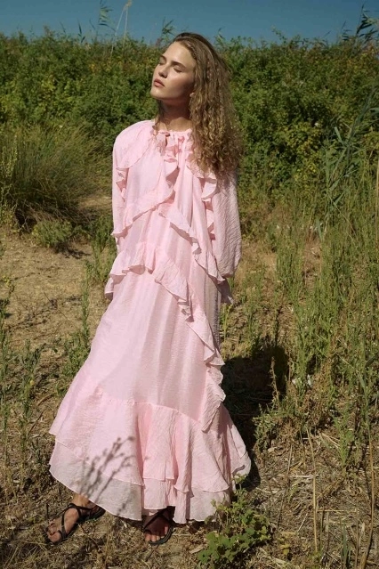 Volan Detaylı Soft Pembe Elbise