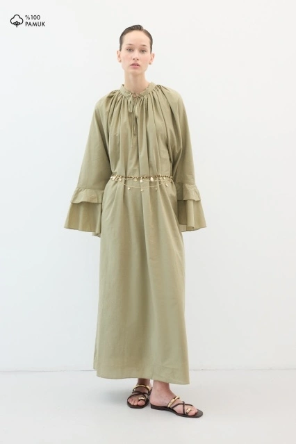 Volan Kollu Vual Haki Elbise