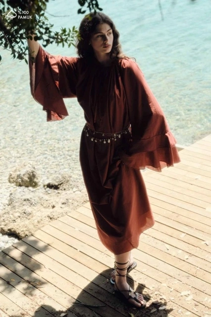 Volan Kollu Vual Kiremit Elbise Volan Kollu Vual Kiremit Elbise