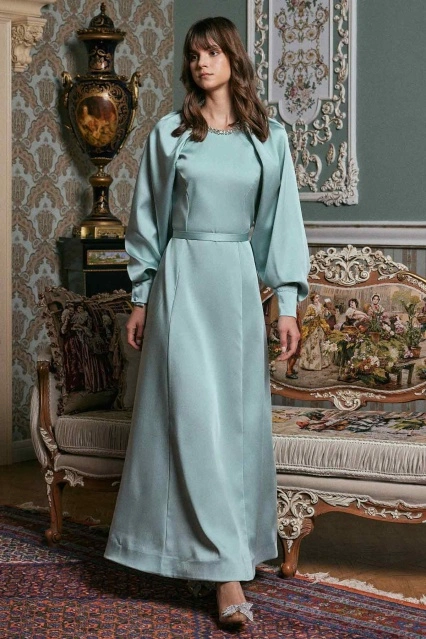 Yakası Taş İşlemeli Mint Yeşili Elbise