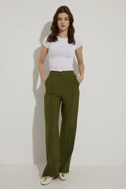 Yırtmaç Detaylı Pamuk Viskon Haki Pantolon