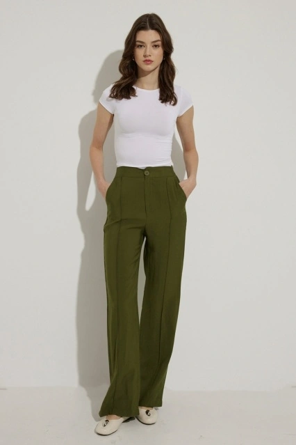 Yırtmaç Detaylı Pamuk Viskon Haki Pantolon Yırtmaç Detaylı Pamuk Viskon Haki Pantolon