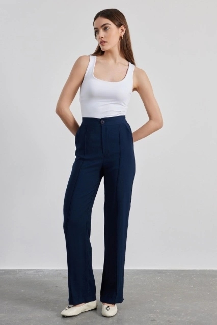 Yırtmaç Detaylı Pamuk Viskon Lacivert Pantolon