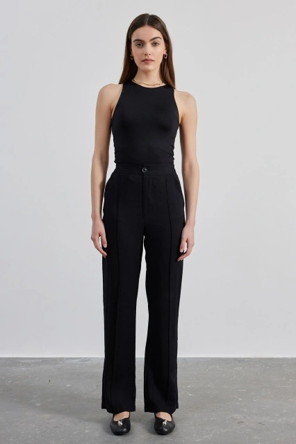 Yırtmaç Detaylı Pamuk Viskon Siyah Pantolon