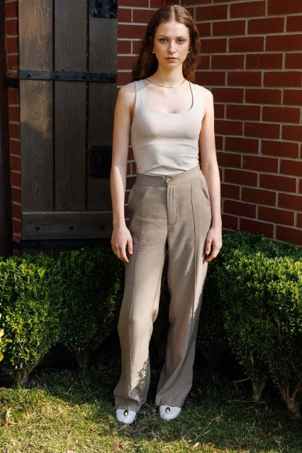 Yırtmaç Detaylı Pamuk Viskon Vizon Pantolon