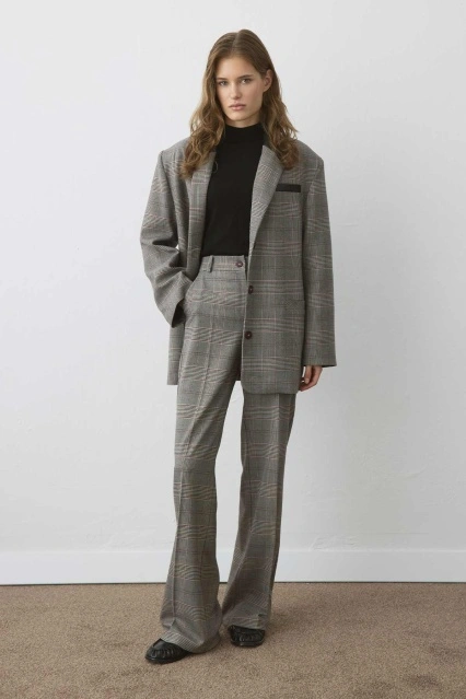 Yüksek Bel Ekose Poliviscon Bordo Pantolon