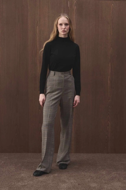 Yüksek Bel Ekose Poliviscon Kahve Pantolon