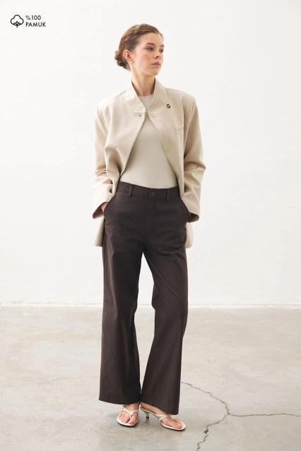 Yüksek Bel Minimal Denim Kahve Pantolon