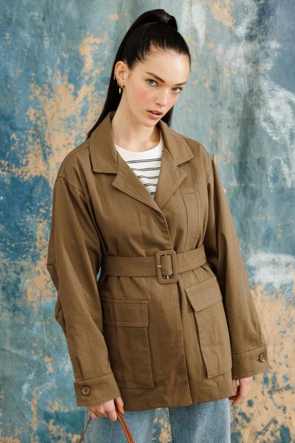 Kaplama Kemer Detaylı Vizon Ceket