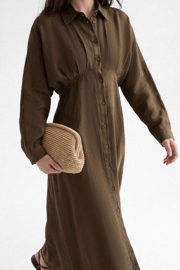 %100 Keten Reglan Kol Düğmeli Kahve Elbise