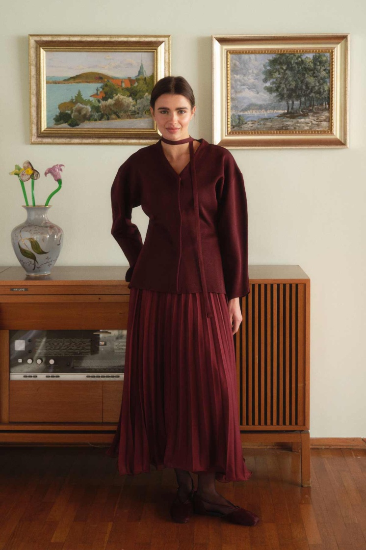 Allure Şifon Pilise Bordo Etek