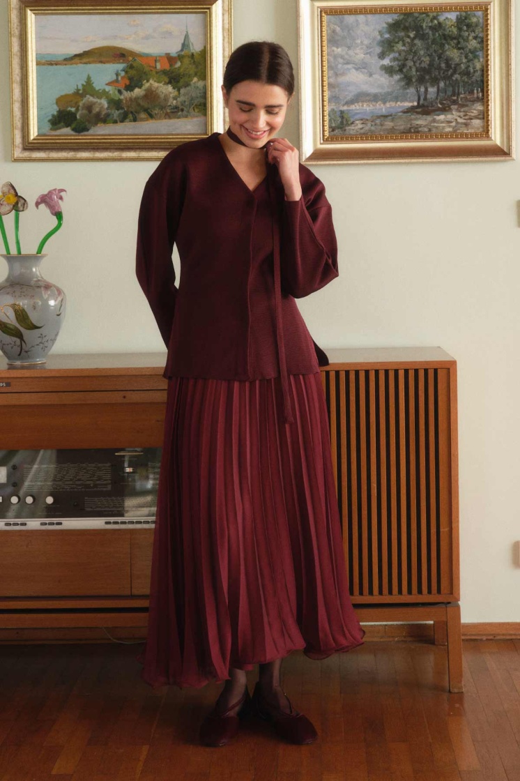 Allure Şifon Pilise Bordo Etek