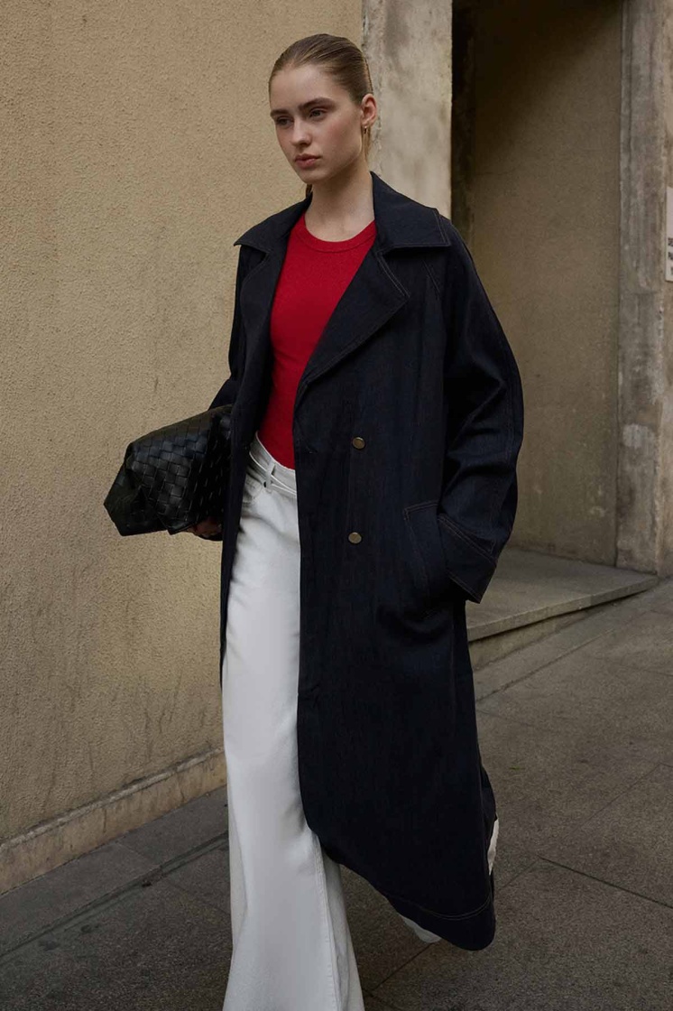 Andrea Gold Düğmeli Lacivert Denim Trençkot