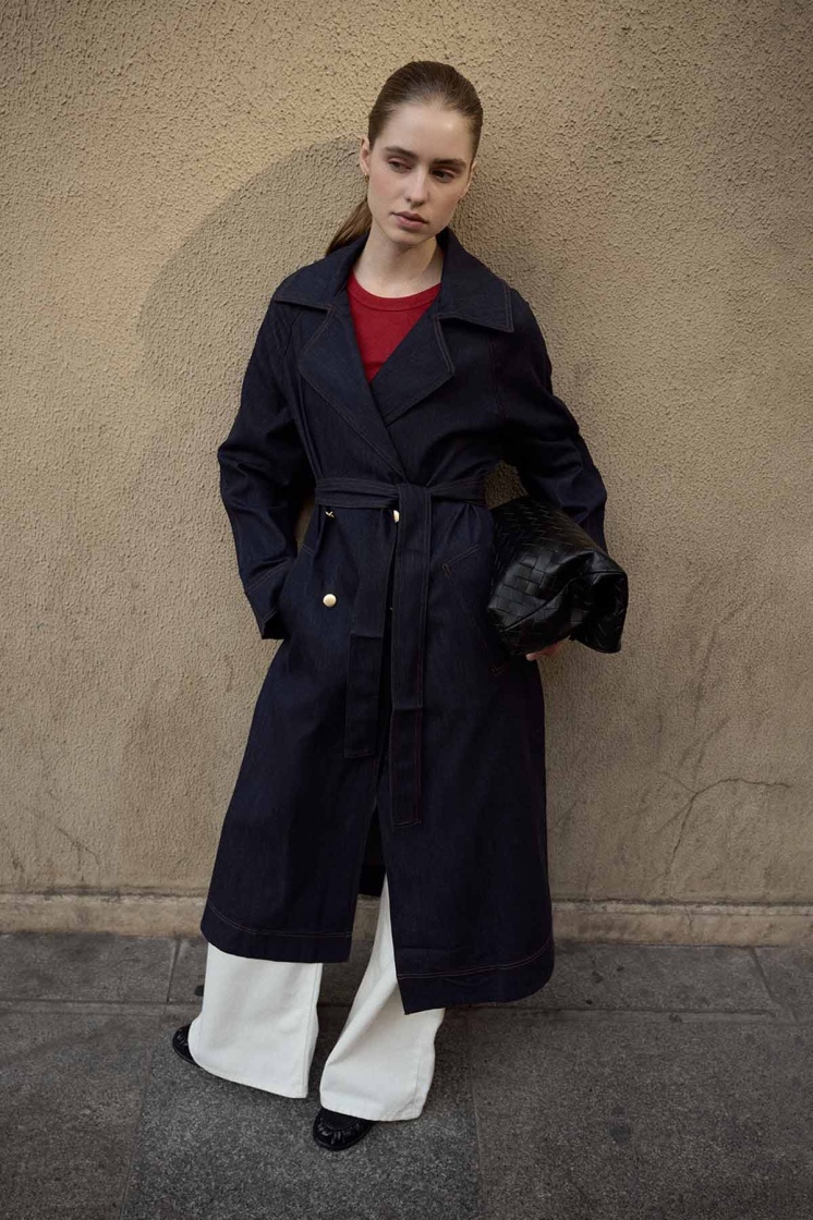 Andrea Gold Düğmeli Lacivert Denim Trençkot