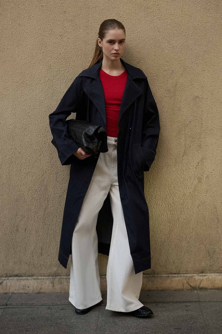 Andrea Gold Düğmeli Lacivert Denim Trençkot
