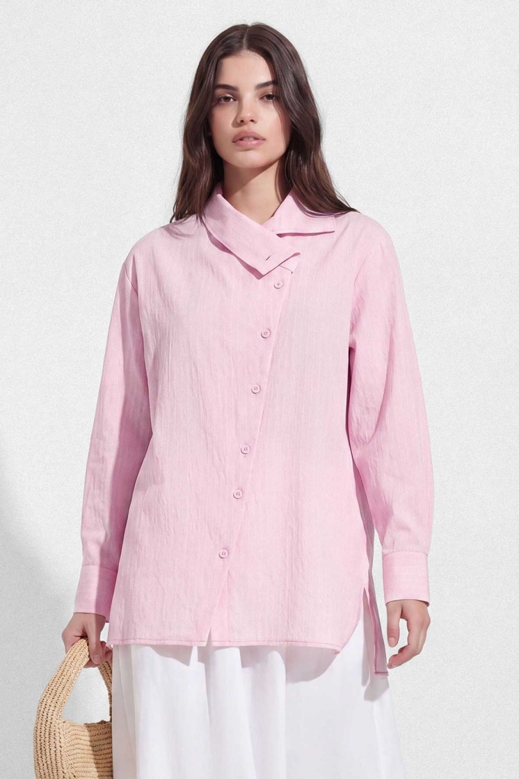 Asimetrik Yaka Çizgili Pembe Gömlek