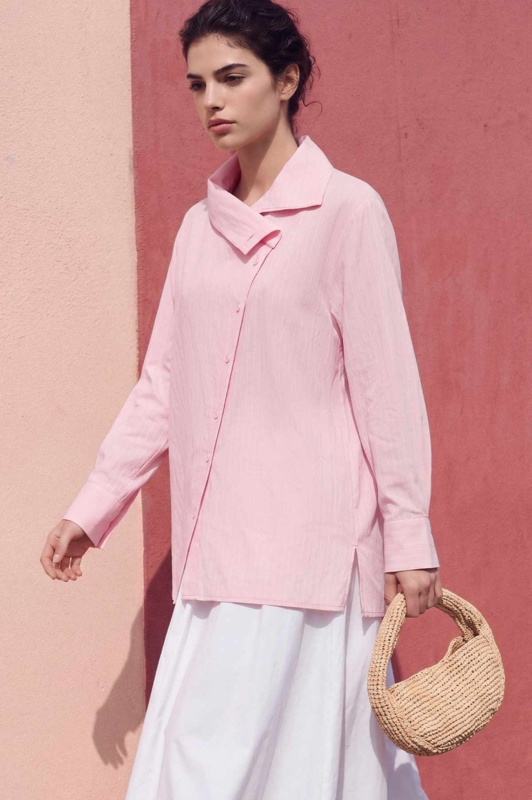 Asimetrik Yaka Çizgili Pembe Gömlek
