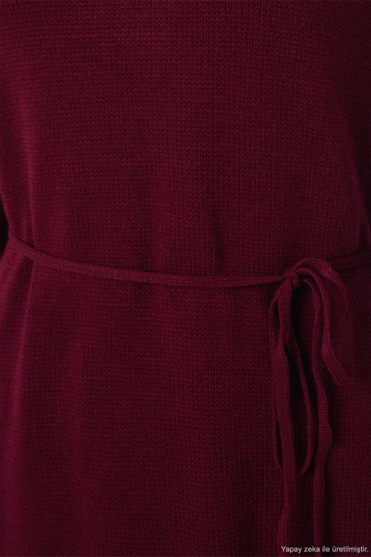 Bağlama Detaylı Uzun Triko Bordo Elbise - 5