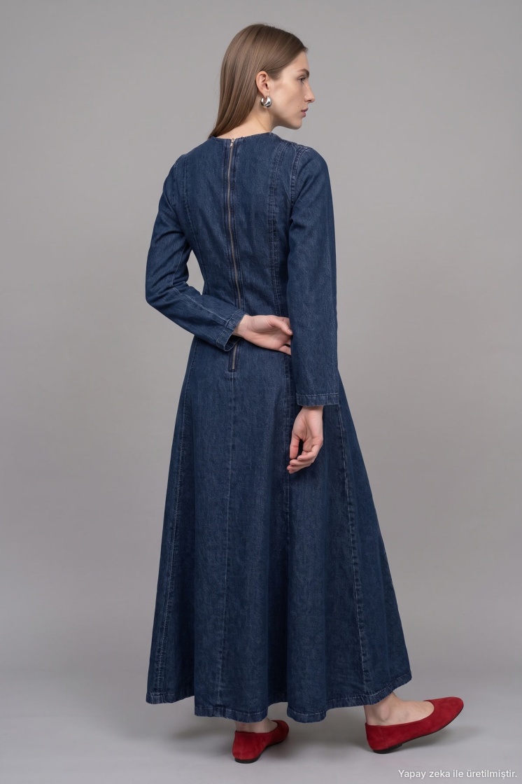 Belden Oturma Detaylı Denim Lacivert Elbise