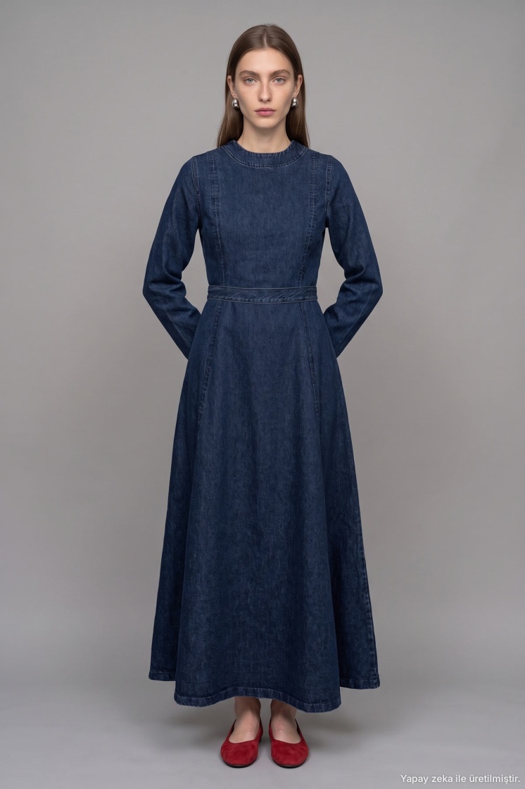 Belden Oturma Detaylı Denim Lacivert Elbise