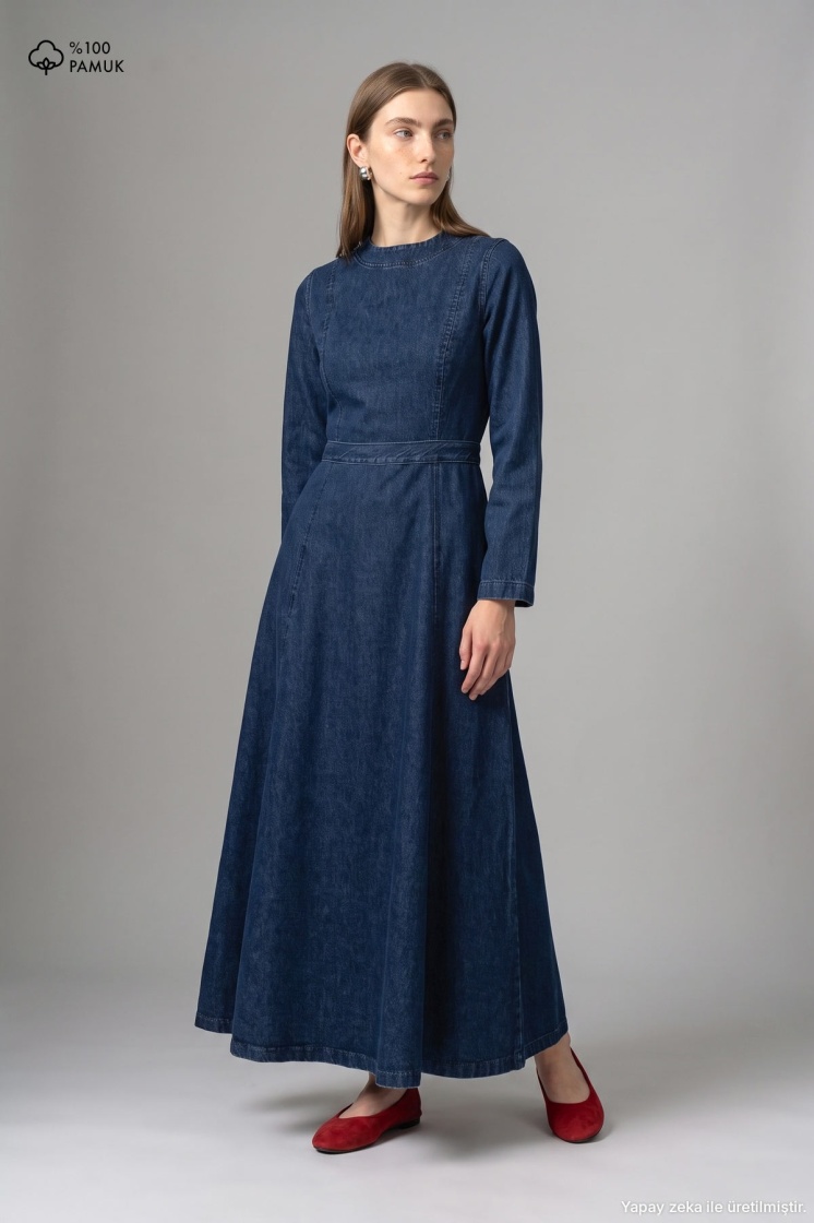 Belden Oturma Detaylı Denim Lacivert Elbise
