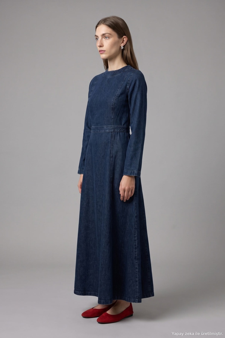 Belden Oturma Detaylı Denim Lacivert Elbise