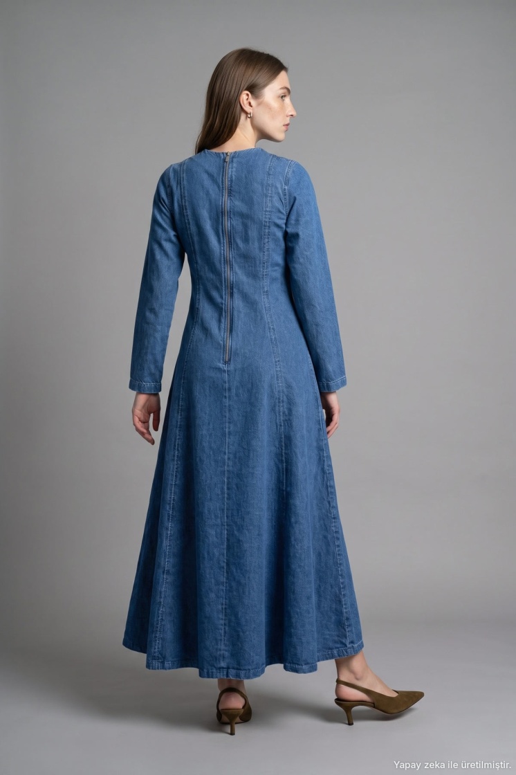 Belden Oturma Detaylı Denim Mavi Elbise