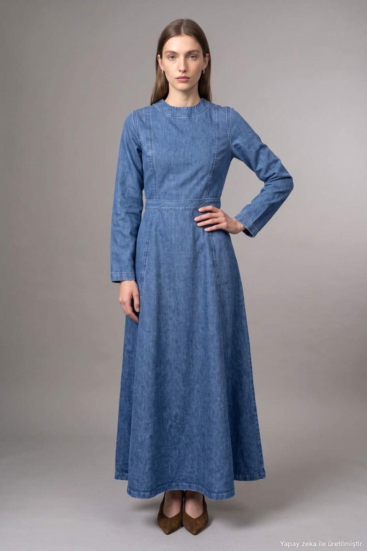 Belden Oturma Detaylı Denim Mavi Elbise