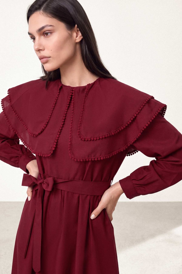 Brode Şerit Detaylı Bordo Elbise