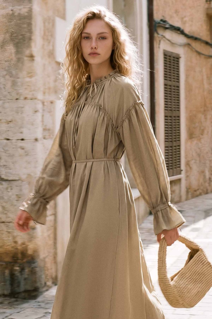 Büzgülü Uzun Camel Elbise