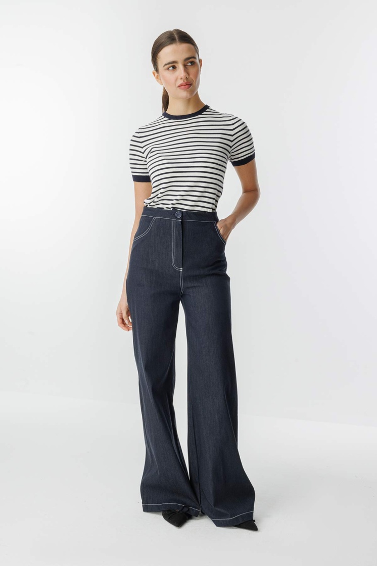 Çift İğne Detaylı Bol Paça Lacivert Denim Pantolon