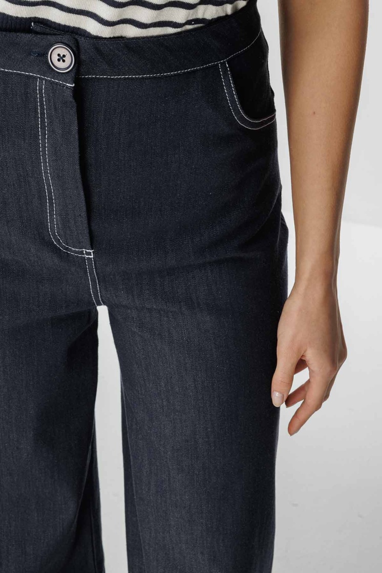 Çift İğne Detaylı Bol Paça Lacivert Denim Pantolon