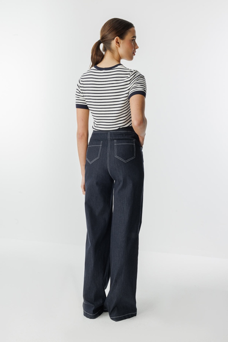 Çift İğne Detaylı Bol Paça Lacivert Denim Pantolon