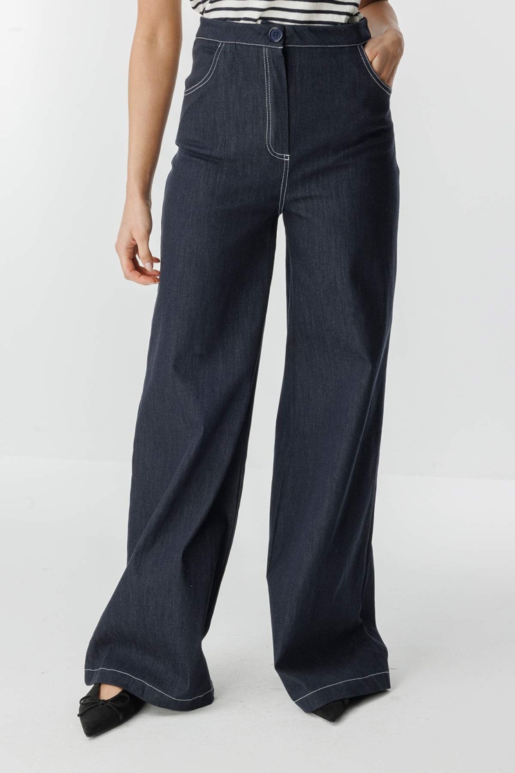 Çift İğne Detaylı Bol Paça Lacivert Denim Pantolon