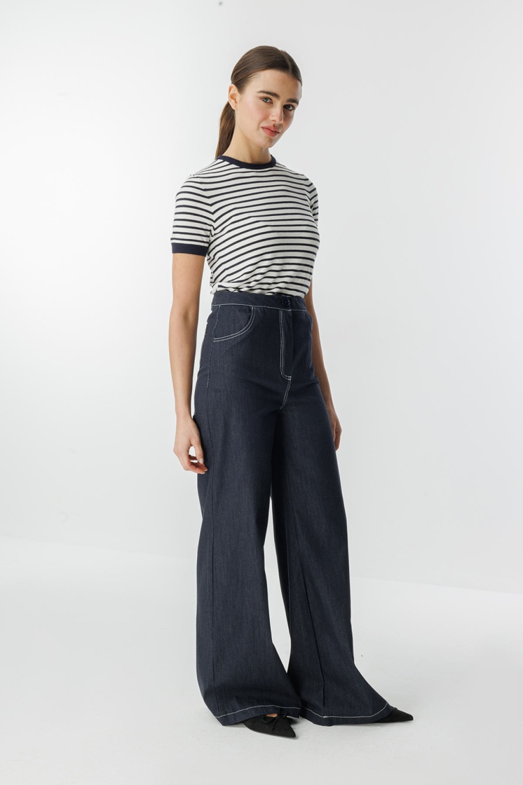 Çift İğne Detaylı Bol Paça Lacivert Denim Pantolon