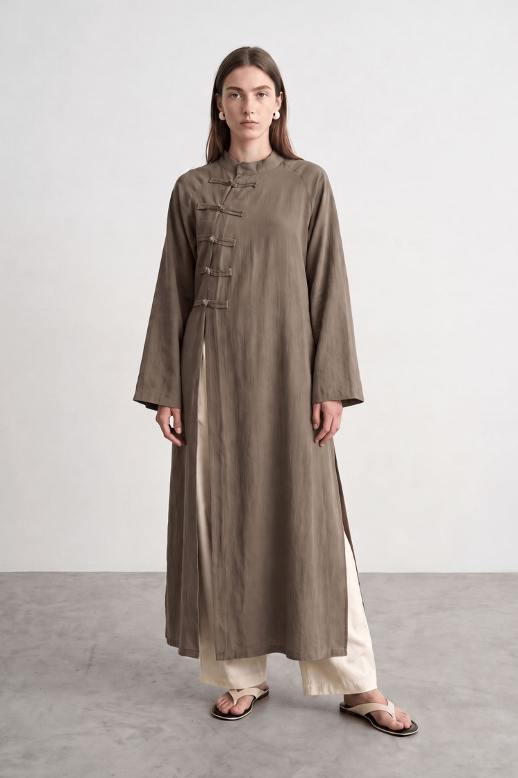 Çin Yaka Uzun Kimono Haki Elbise