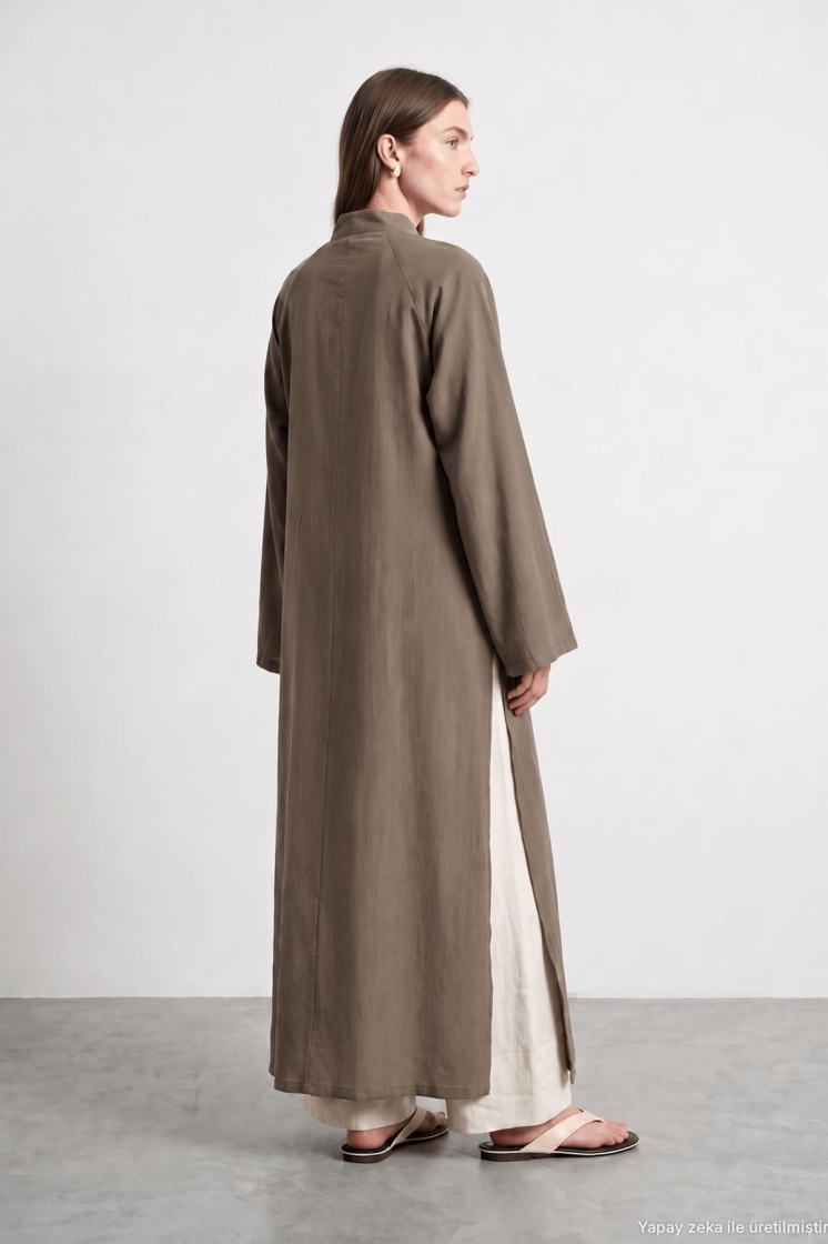 Çin Yaka Uzun Kimono Haki Elbise