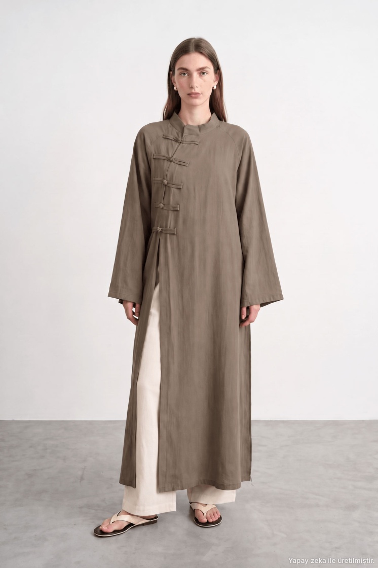 Çin Yaka Uzun Kimono Haki Elbise