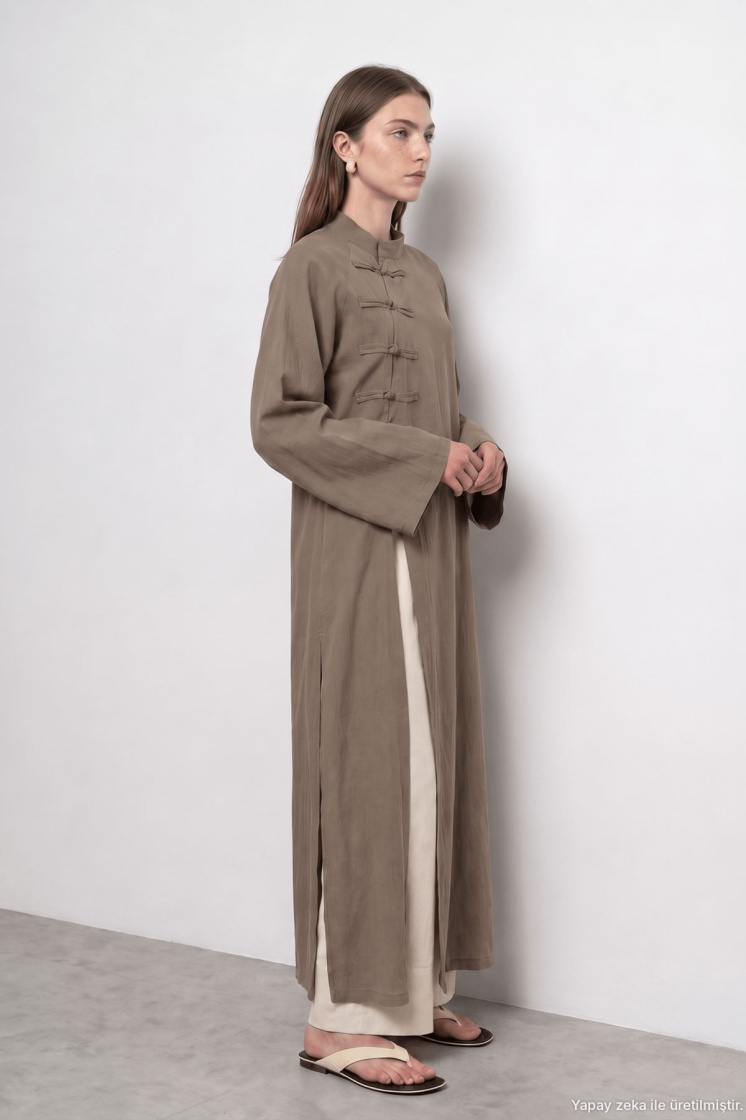 Çin Yaka Uzun Kimono Haki Elbise