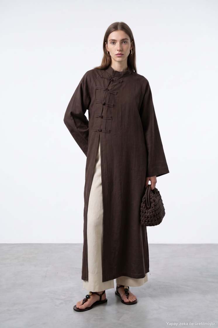 Çin Yaka Uzun Kimono Kahve Elbise