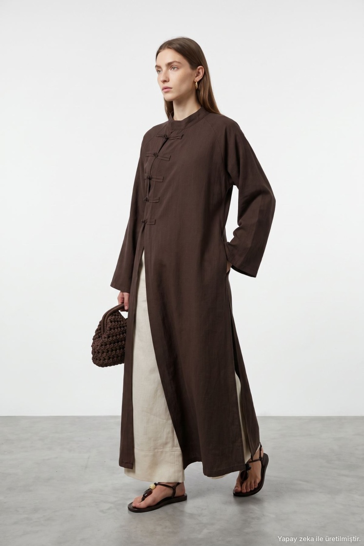 Çin Yaka Uzun Kimono Kahve Elbise