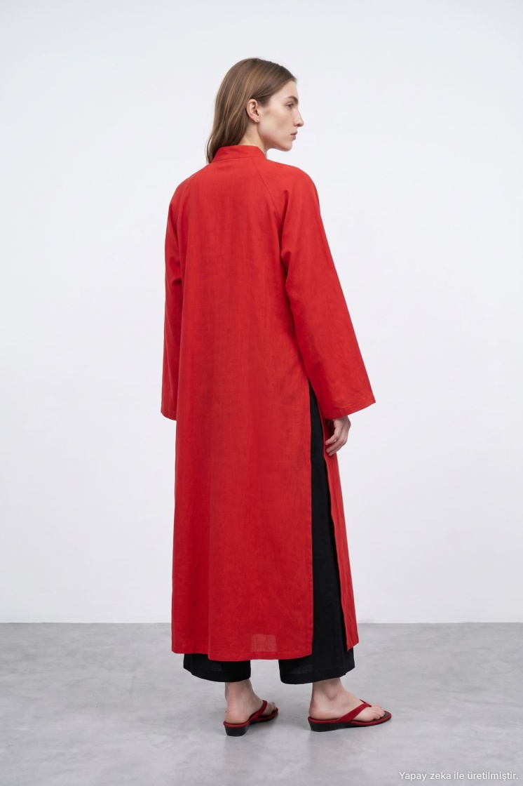 Çin Yaka Uzun Kimono Kırmızı Elbise - 5