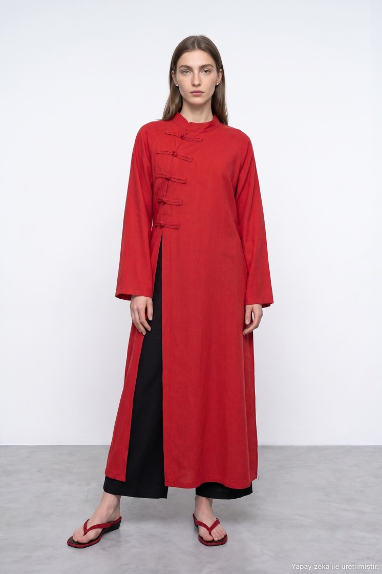 Çin Yaka Uzun Kimono Kırmızı Elbise