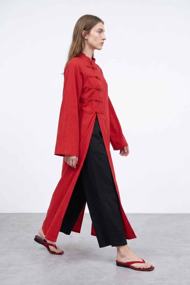 Çin Yaka Uzun Kimono Kırmızı Elbise