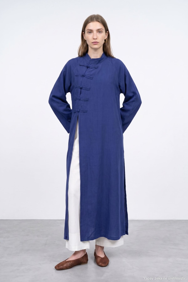 Çin Yaka Uzun Kimono Saks Mavi Elbise