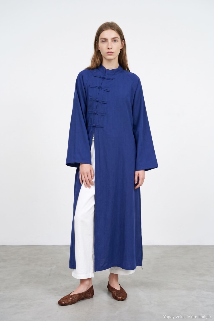 Çin Yaka Uzun Kimono Saks Mavi Elbise
