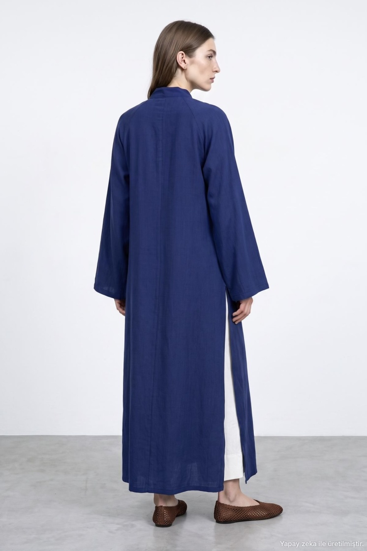 Çin Yaka Uzun Kimono Saks Mavi Elbise
