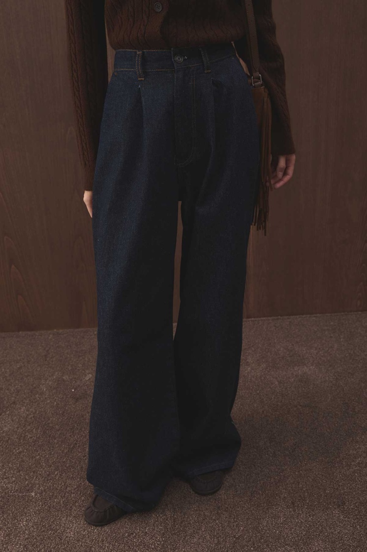 Denim Bol Kesim Yüksek Bel Lacivert Pantolon
