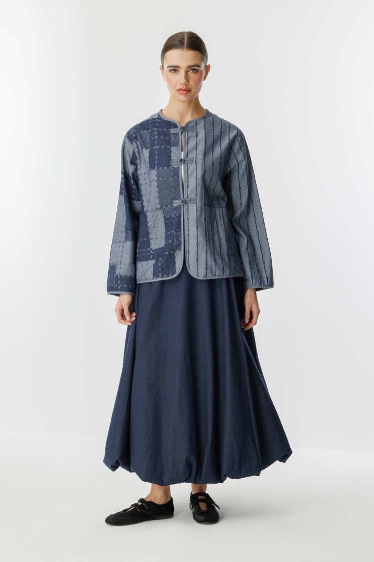 Denim Dokulu Balon Lacivert Etek